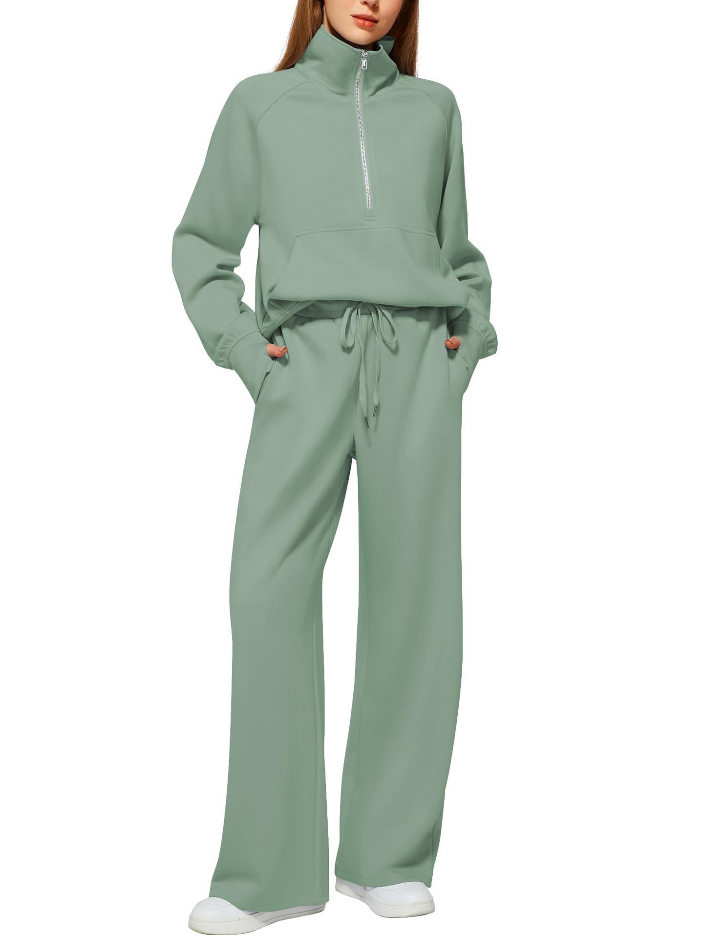 Woman Solid Color Half Zip Long Sleeve Sweatshirt And Wide Leg Pants