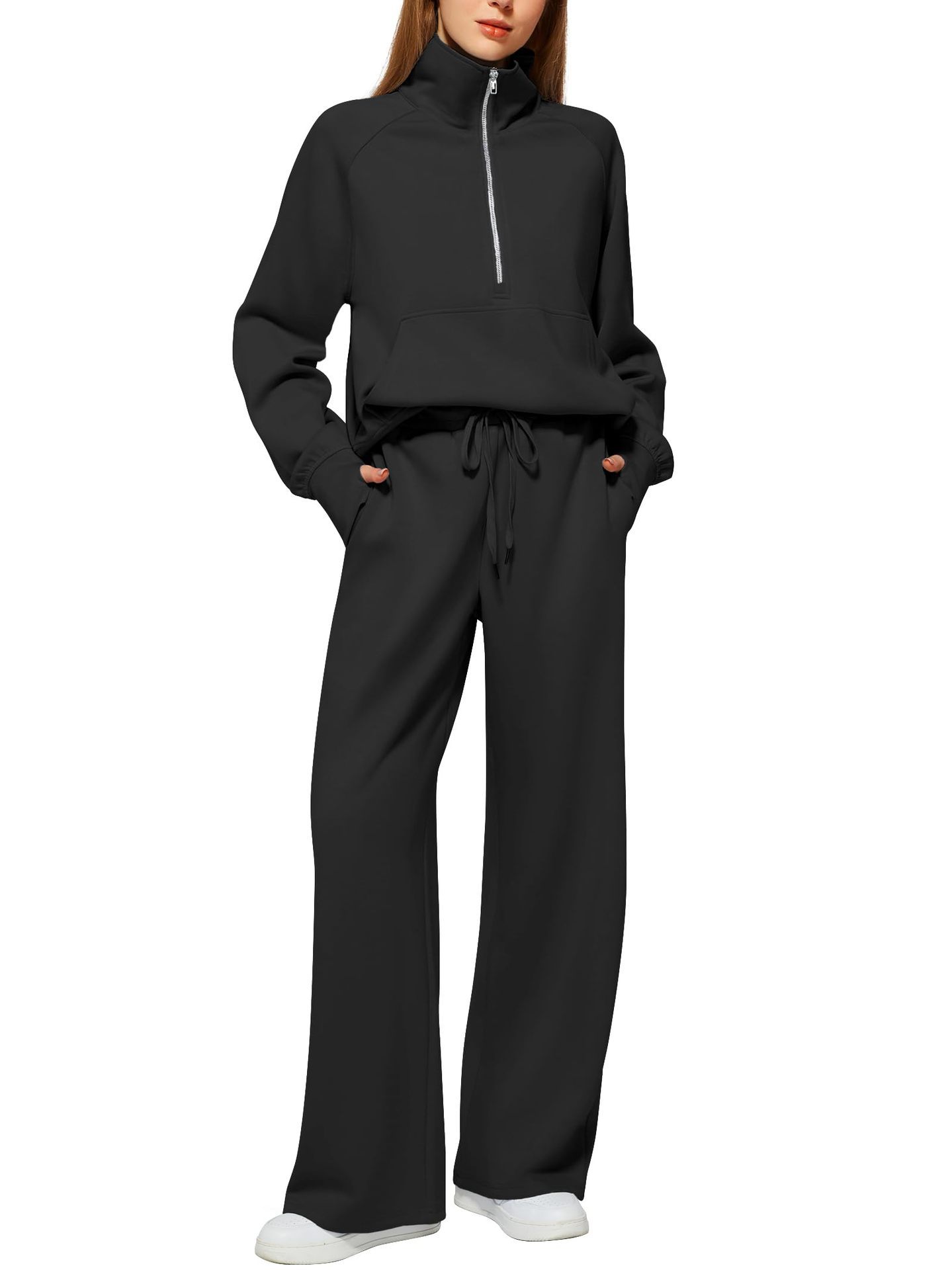 Woman Solid Color Half Zip Long Sleeve Sweatshirt And Wide Leg Pants