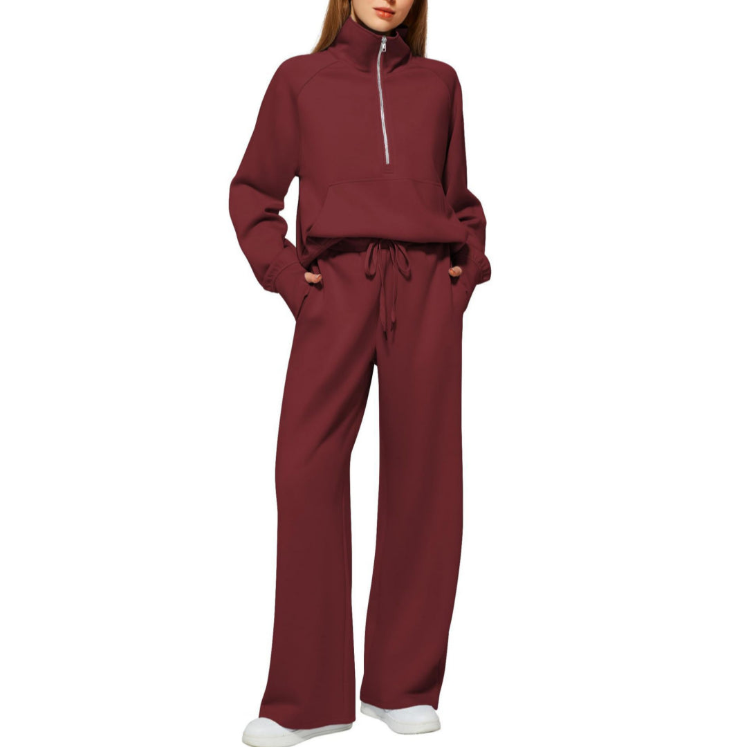 Woman Solid Color Half Zip Long Sleeve Sweatshirt And Wide Leg Pants