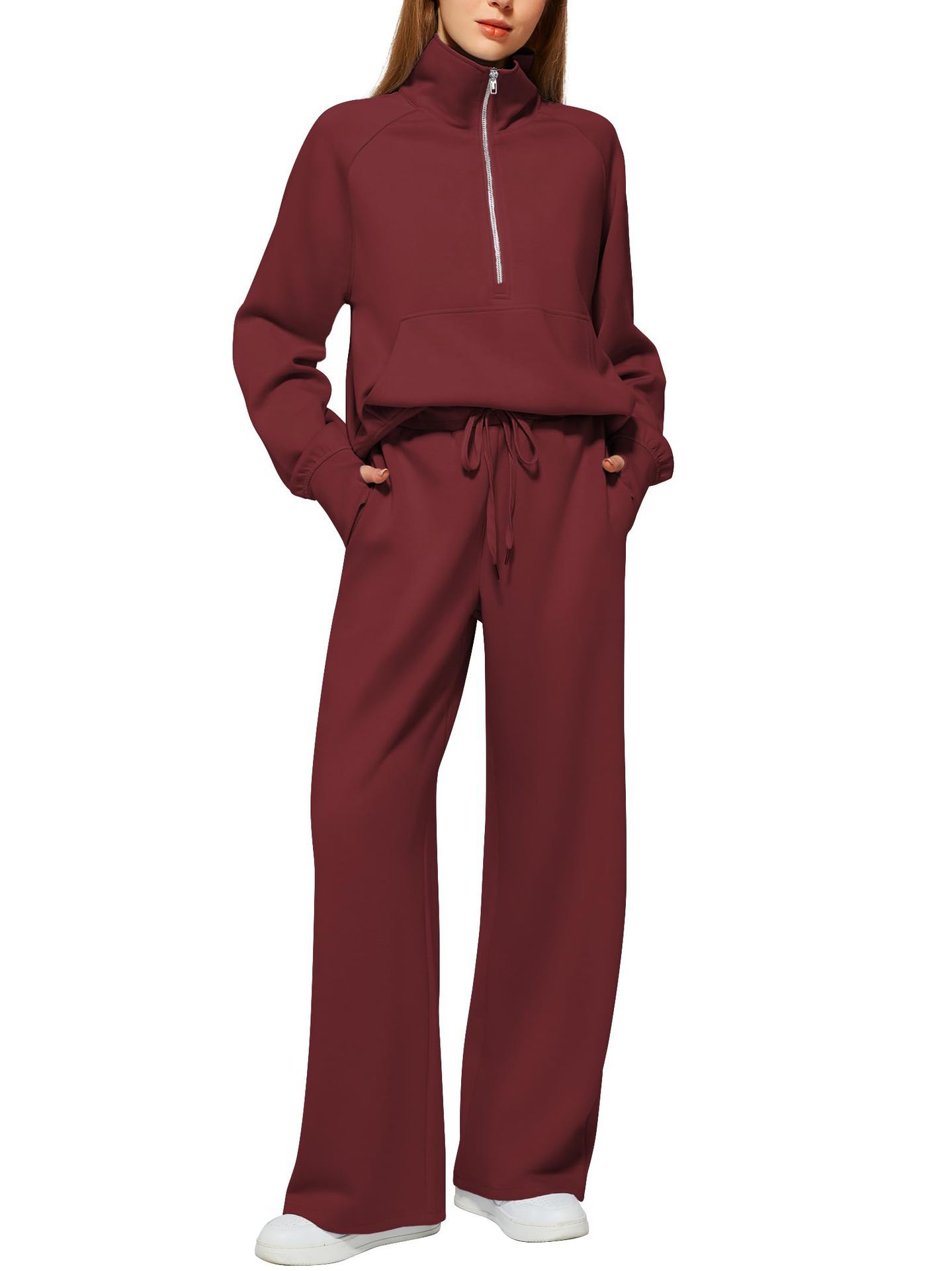 Woman Solid Color Half Zip Long Sleeve Sweatshirt And Wide Leg Pants