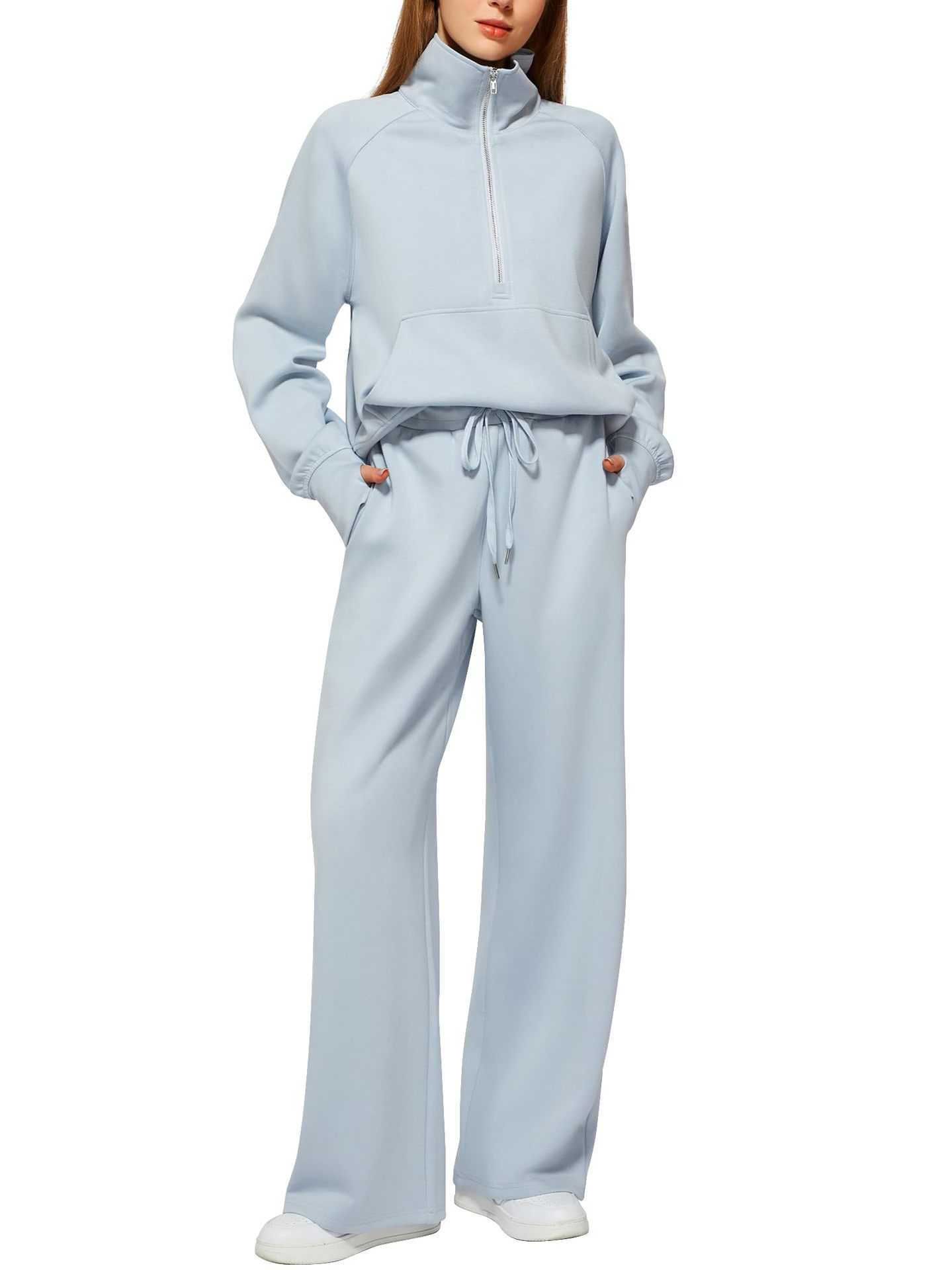 Woman Solid Color Half Zip Long Sleeve Sweatshirt And Wide Leg Pants
