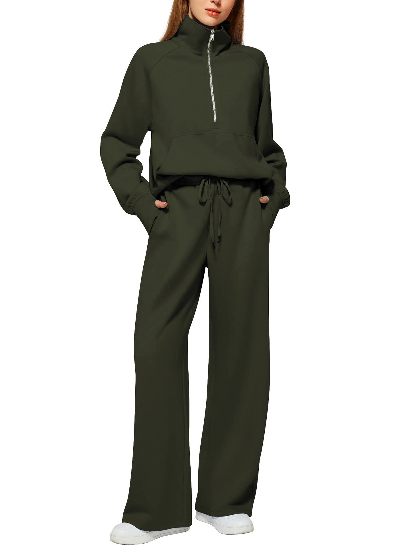Woman Solid Color Half Zip Long Sleeve Sweatshirt And Wide Leg Pants