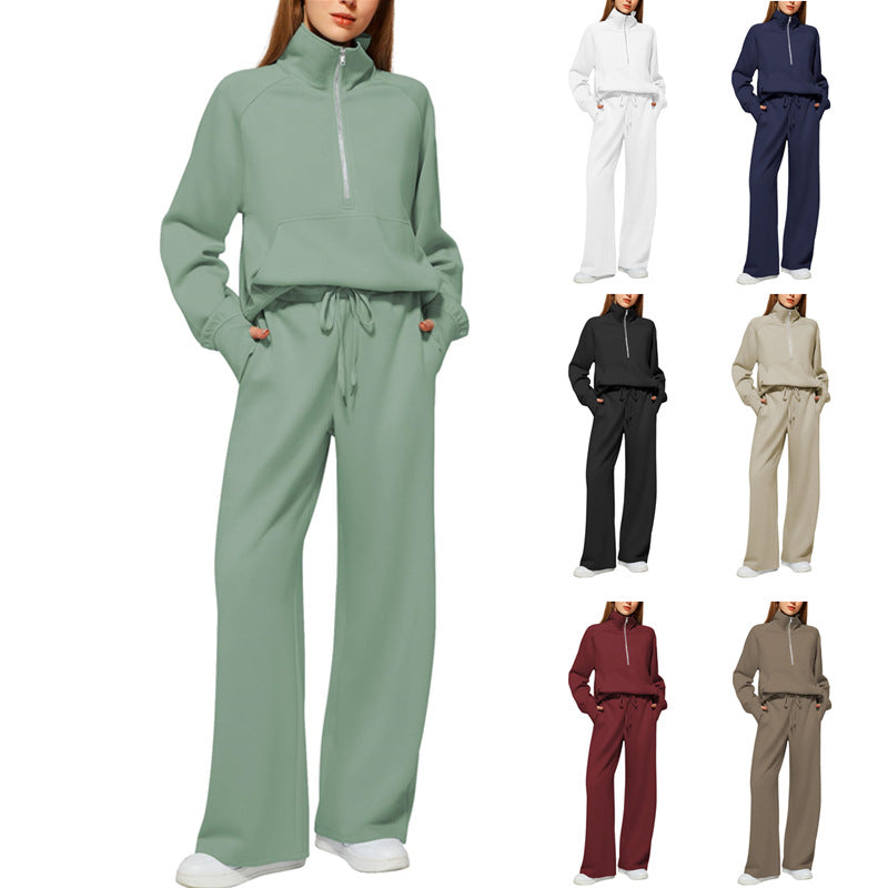Woman Solid Color Half Zip Long Sleeve Sweatshirt And Wide Leg Pants